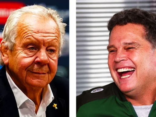 Bill Beaumont, outgoing World Rugby chief, speaks during a press conference while Rassie Erasmus, head coach of the South African national rugby team, listens intently. The backdrop features rugby-themed graphics, highlighting the ongoing discussions about substitution rules and team strategies in international rugby."