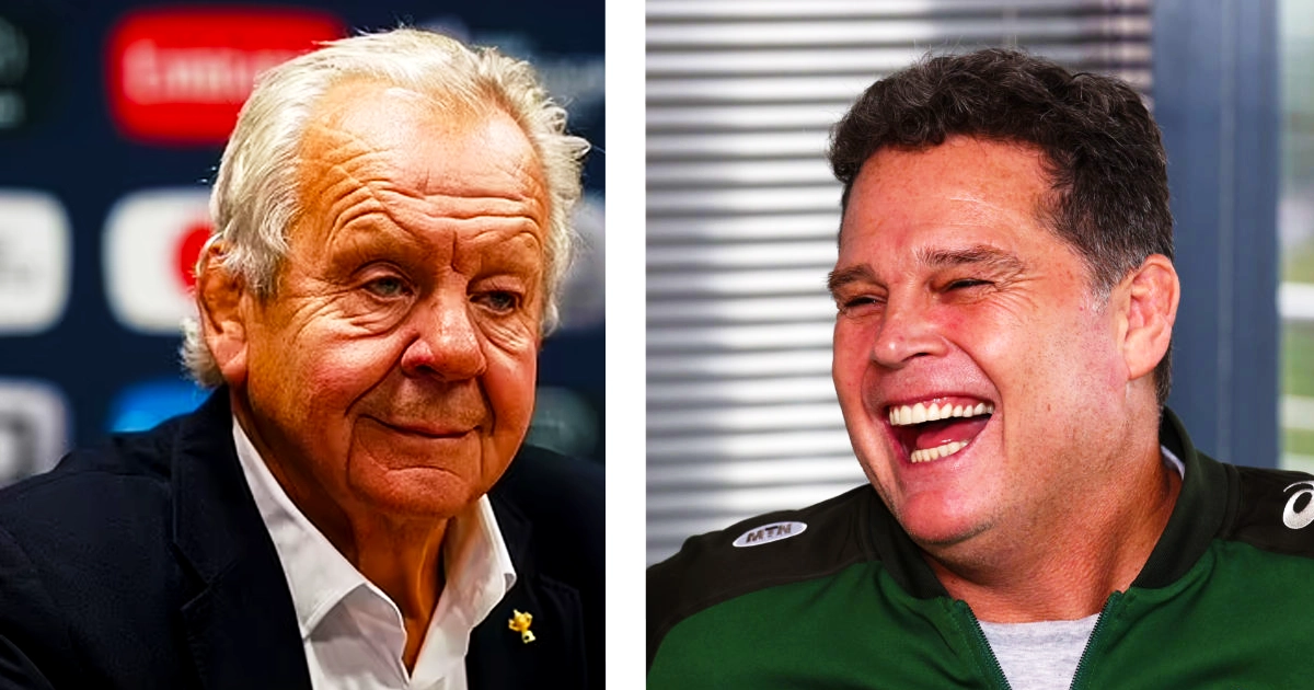 Bill Beaumont, outgoing World Rugby chief, speaks during a press conference while Rassie Erasmus, head coach of the South African national rugby team, listens intently. The backdrop features rugby-themed graphics, highlighting the ongoing discussions about substitution rules and team strategies in international rugby."